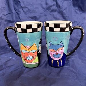 Vintage Milton and Lewis Hand-painted Whimsical Cat Latte/Coffee Mugs, Set of 2,
